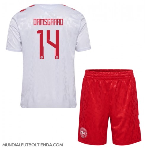 Camiseta Dinamarca Mikkel Damsgaard #14 Segunda Equipación Replica Eurocopa 2024 para niños mangas cortas (+ Pantalones cortos)